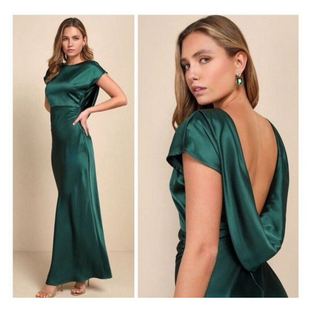 Lulus Captivating Presence Cowl Back Satin Maxi Dress small Green Formal NWT